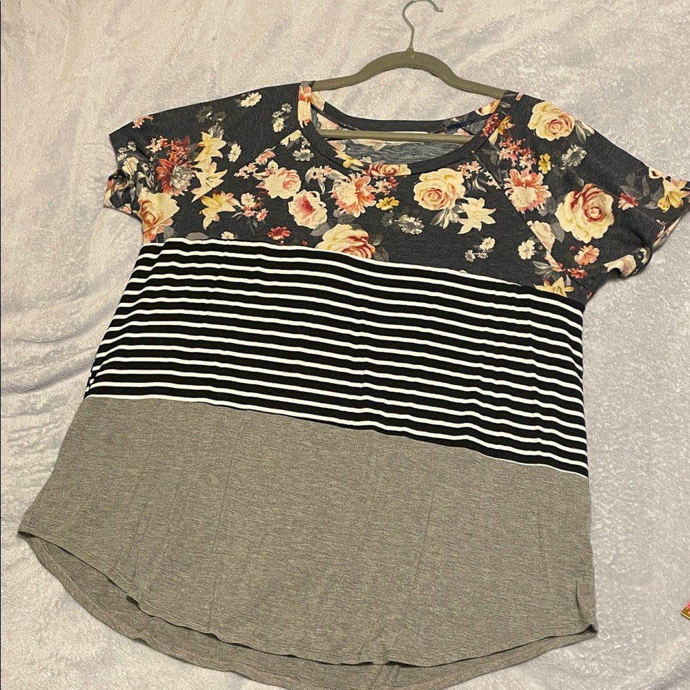 Floral and Striped Short Sleeve Women's Top